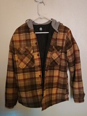 Men's Plaid Quilted-Lined Hooded Shirt Jacket - Brown/Beige